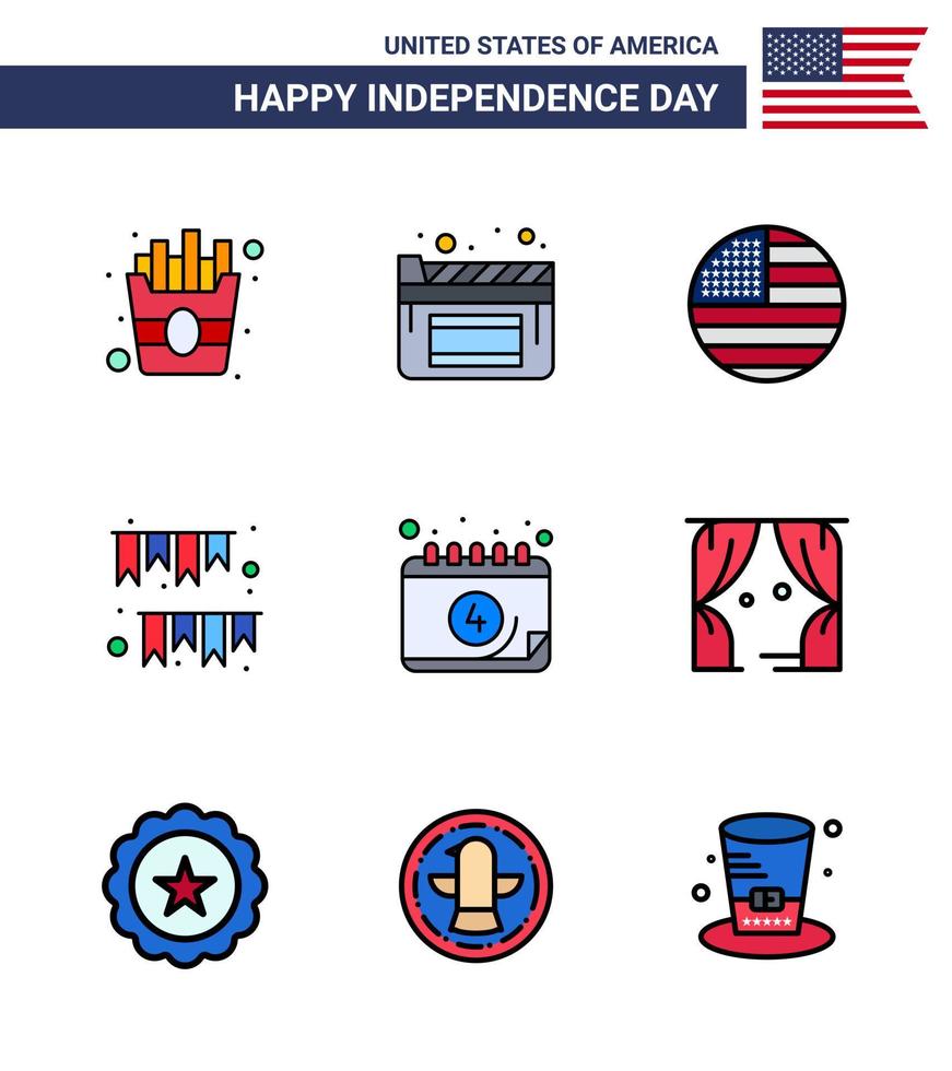 4e juli Verenigde Staten van Amerika gelukkig onafhankelijkheid dag icoon symbolen groep van 9 modern vlak gevulde lijnen van datum Amerikaans dankzegging partij Gorzen bewerkbare Verenigde Staten van Amerika dag vector ontwerp elementen