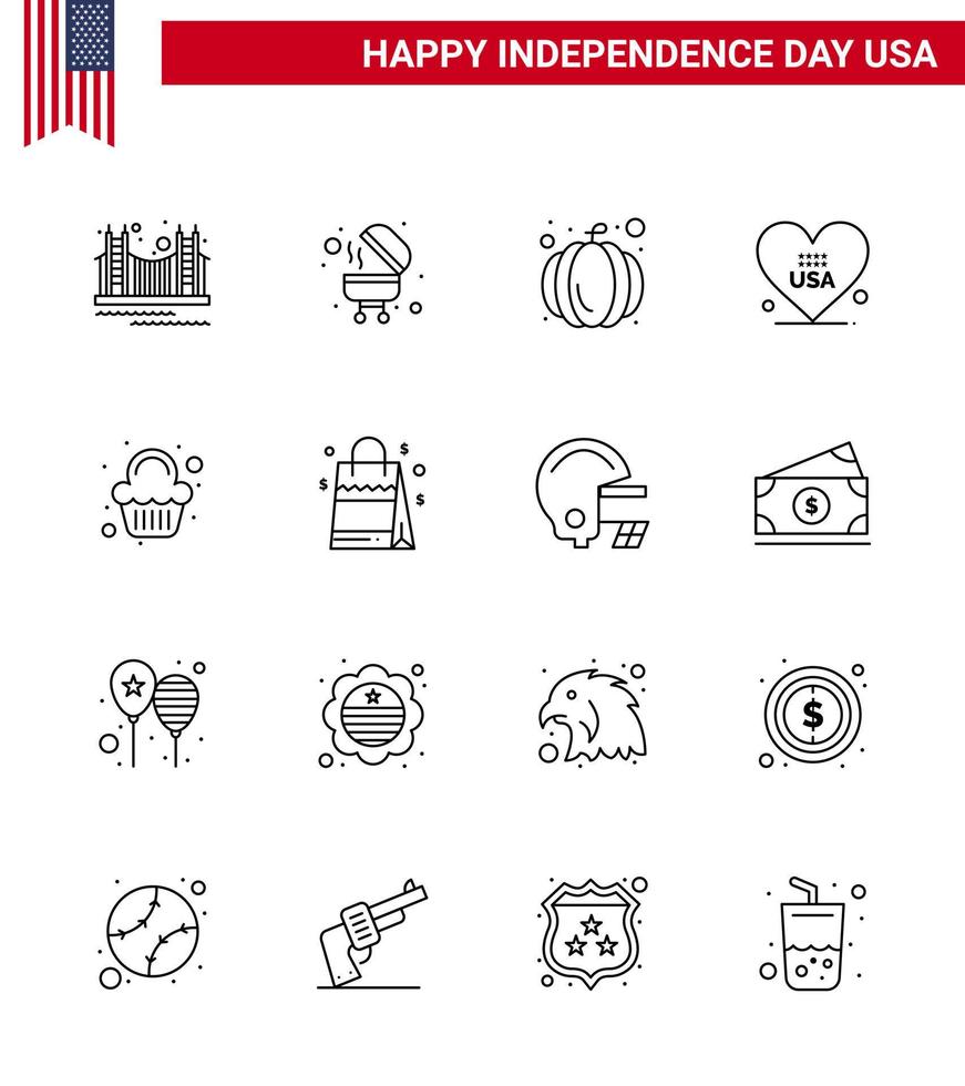 Verenigde Staten van Amerika gelukkig onafhankelijkheid dagpictogram reeks van 16 gemakkelijk lijnen van partij Verenigde Staten van Amerika rooster Amerikaans hart bewerkbare Verenigde Staten van Amerika dag vector ontwerp elementen