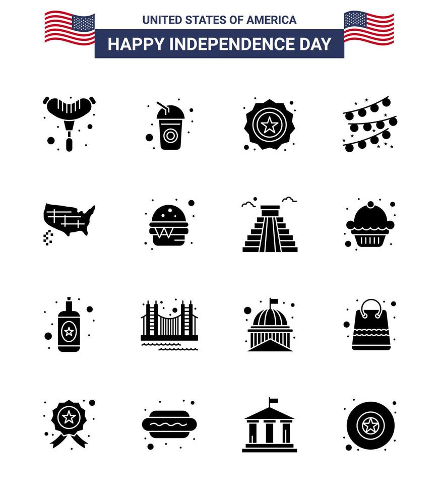 gelukkig onafhankelijkheid dag 4e juli reeks van 16 solide glyphs Amerikaans pictogram van Verenigde Staten van Amerika staten veiligheid kaart partij decoratie bewerkbare Verenigde Staten van Amerika dag vector ontwerp elementen