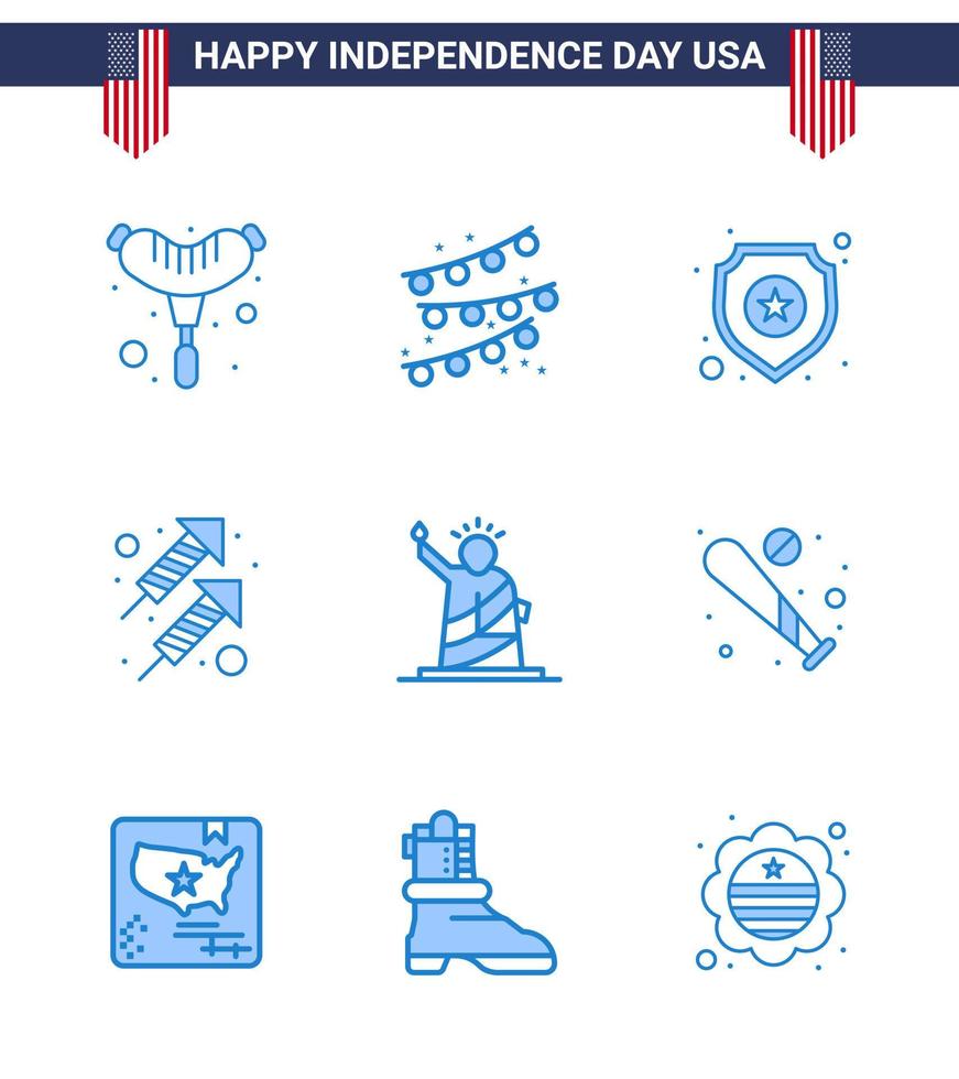 gelukkig onafhankelijkheid dag Verenigde Staten van Amerika pak van 9 creatief blues van standbeeld vrijheid ster oriëntatiepunten vuurwerk bewerkbare Verenigde Staten van Amerika dag vector ontwerp elementen