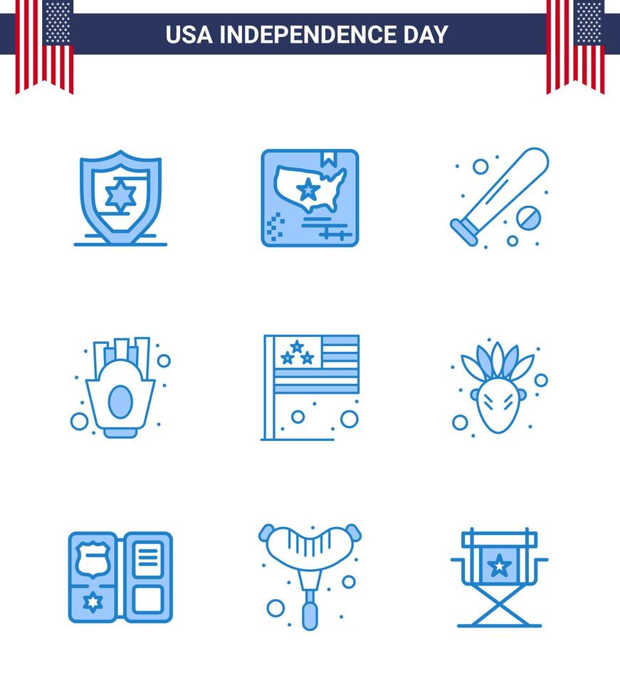 9 blauw tekens voor Verenigde Staten van Amerika onafhankelijkheid dag land voedsel basketbal Patat chips bewerkbare Verenigde Staten van Amerika dag vector ontwerp elementen