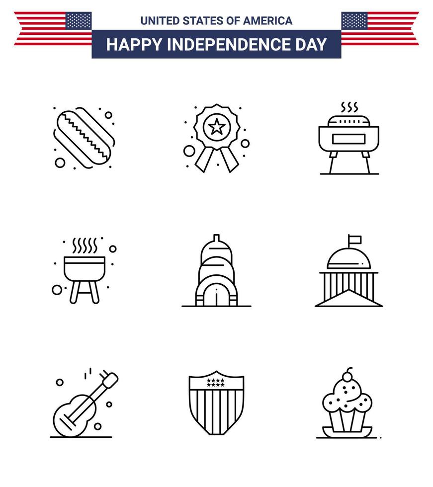 9 Verenigde Staten van Amerika lijn tekens onafhankelijkheid dag viering symbolen van stad gebouw viering Chrysler bbq bewerkbare Verenigde Staten van Amerika dag vector ontwerp elementen
