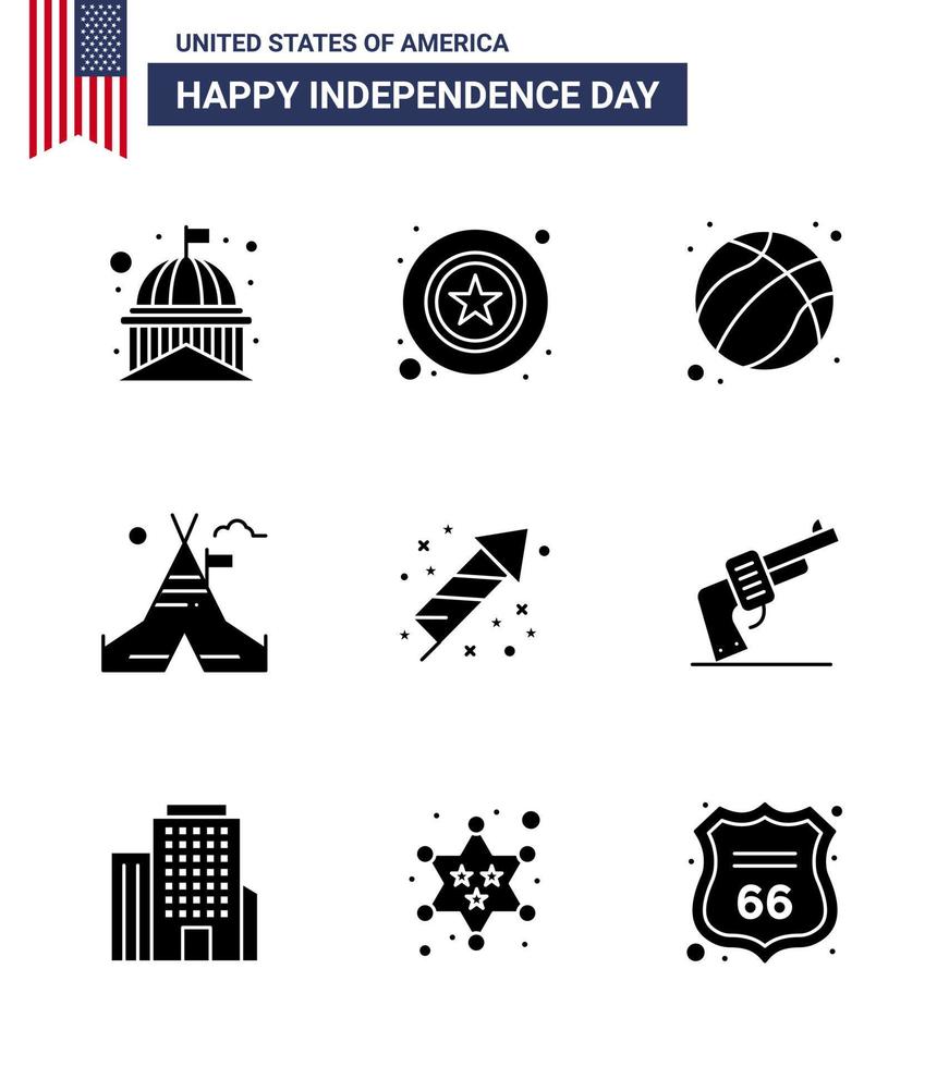 9 Verenigde Staten van Amerika solide glyph pak van onafhankelijkheid dag tekens en symbolen van viering kamp teken tent Verenigde Staten van Amerika bewerkbare Verenigde Staten van Amerika dag vector ontwerp elementen