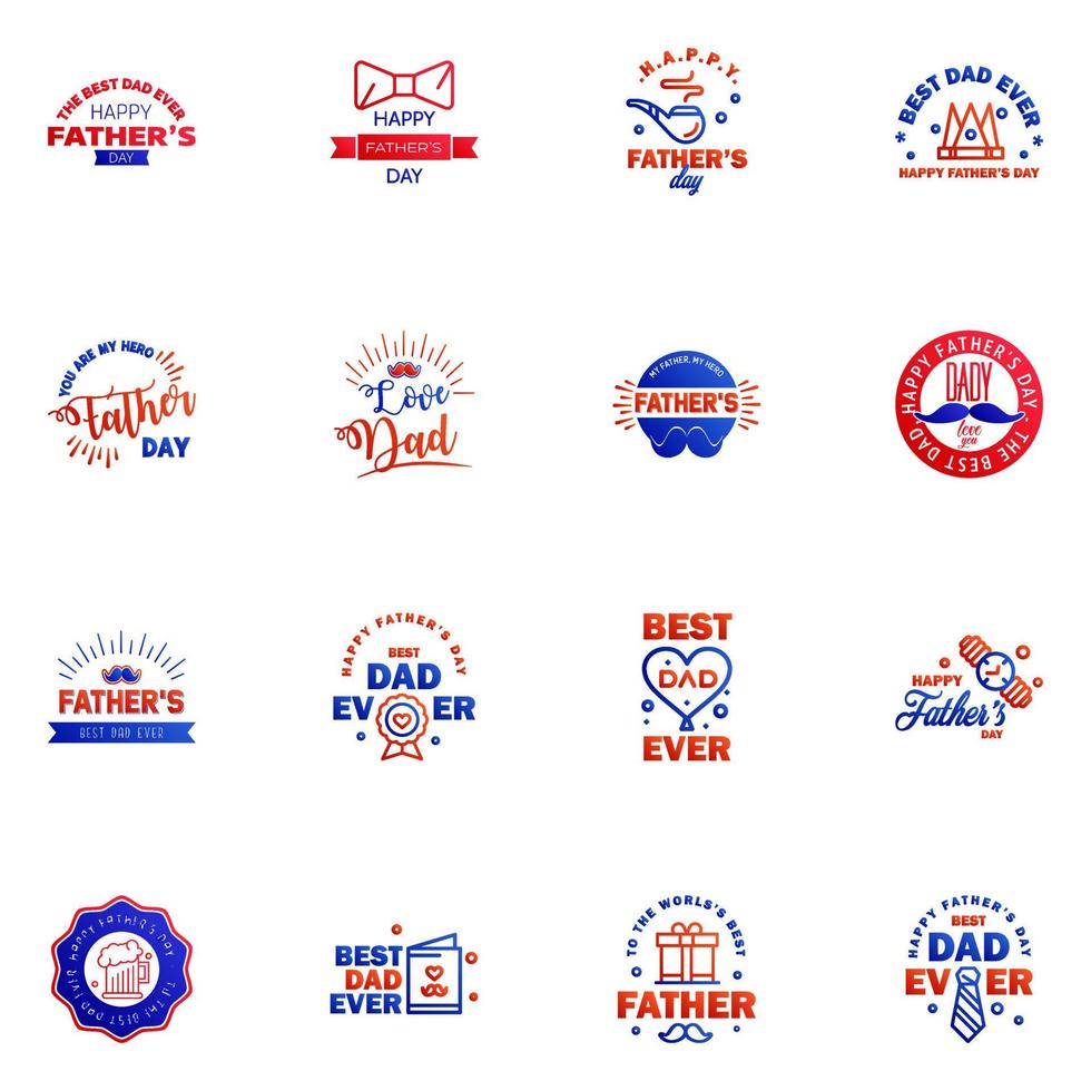 gelukkig vaders dag groet hand- belettering badges 16 blauw en rood typfout geïsoleerd Aan wit typografie ontwerp sjabloon voor poster banier geschenk kaart t overhemd afdrukken etiket sticker retro wijnoogst stijl v vector