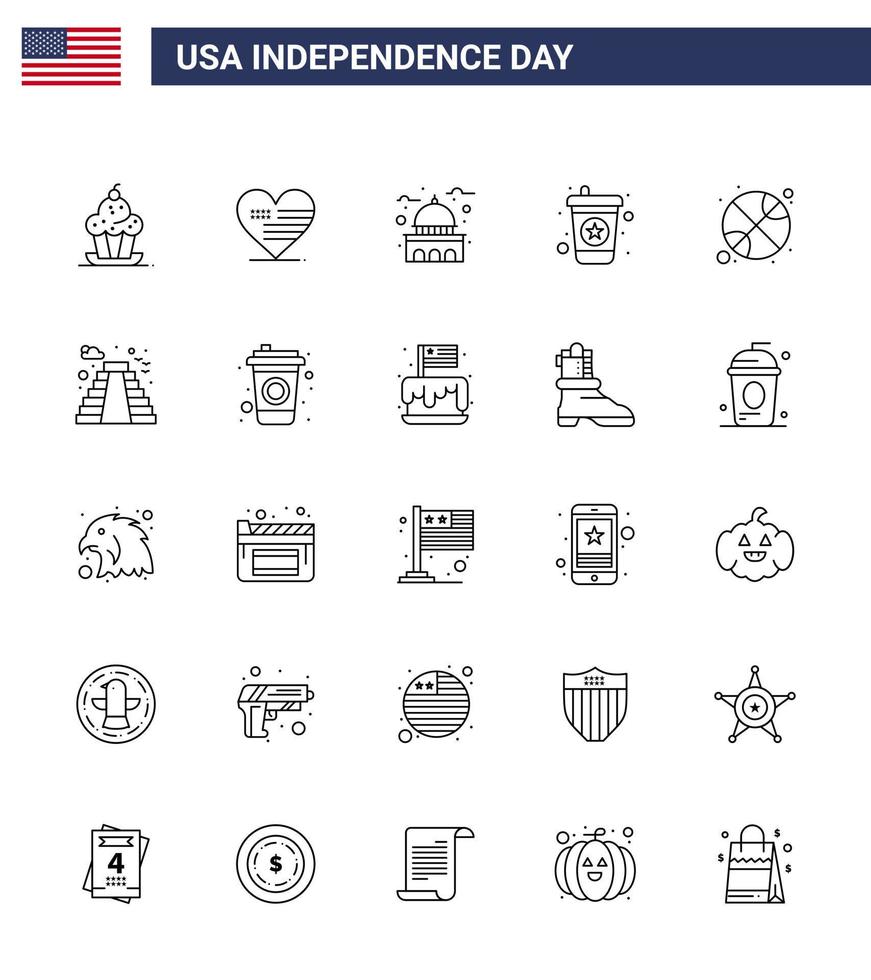 gelukkig onafhankelijkheid dag 25 lijnen icoon pak voor web en afdrukken basketbal drinken vlag drank Verenigde Staten van Amerika bewerkbare Verenigde Staten van Amerika dag vector ontwerp elementen