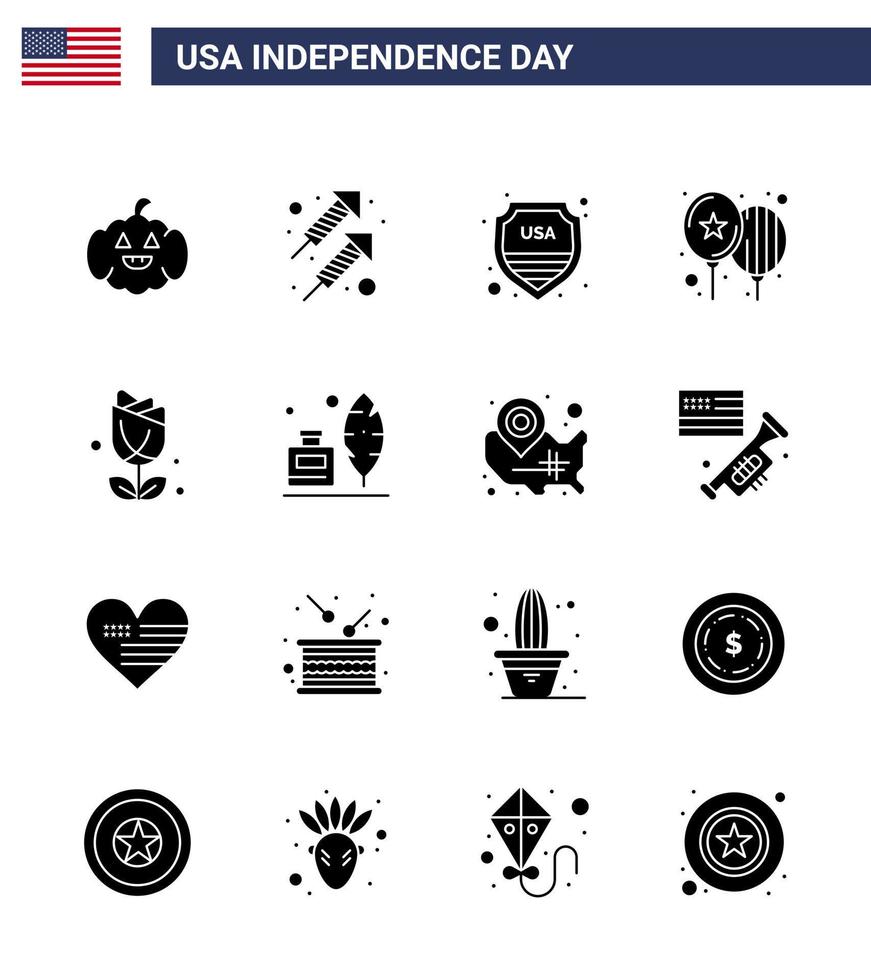 groep van 16 solide glyphs reeks voor onafhankelijkheid dag van Verenigde staten van Amerika zo net zo Verenigde Staten van Amerika bloem schild partij vieren bewerkbare Verenigde Staten van Amerika dag vector ontwerp elementen