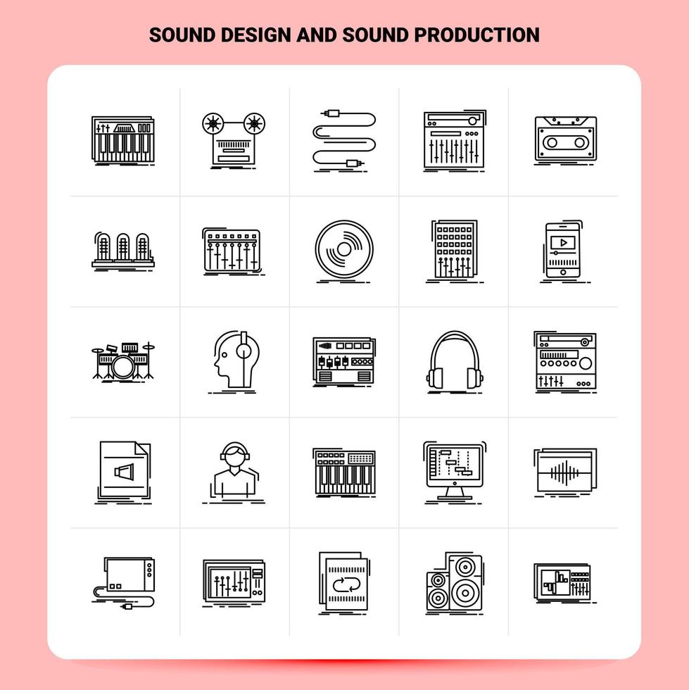 schets 25 geluid ontwerp en geluid productie icoon reeks vector lijn stijl ontwerp zwart pictogrammen reeks lineair pictogram pak web en mobiel bedrijf ideeën ontwerp vector illustratie