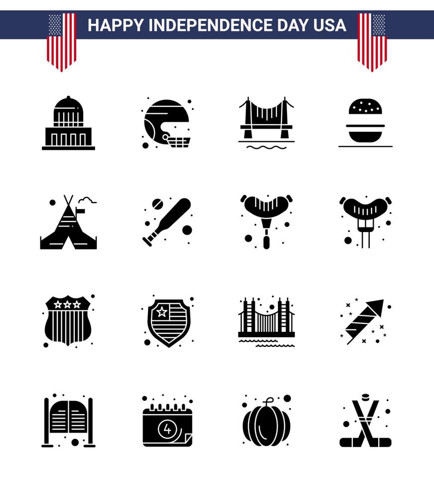 Verenigde Staten van Amerika onafhankelijkheid dag solide glyph reeks van 16 Verenigde Staten van Amerika pictogrammen van Verenigde Staten van Amerika eten staat hamburger stad bewerkbare Verenigde Staten van Amerika dag vector ontwerp elementen