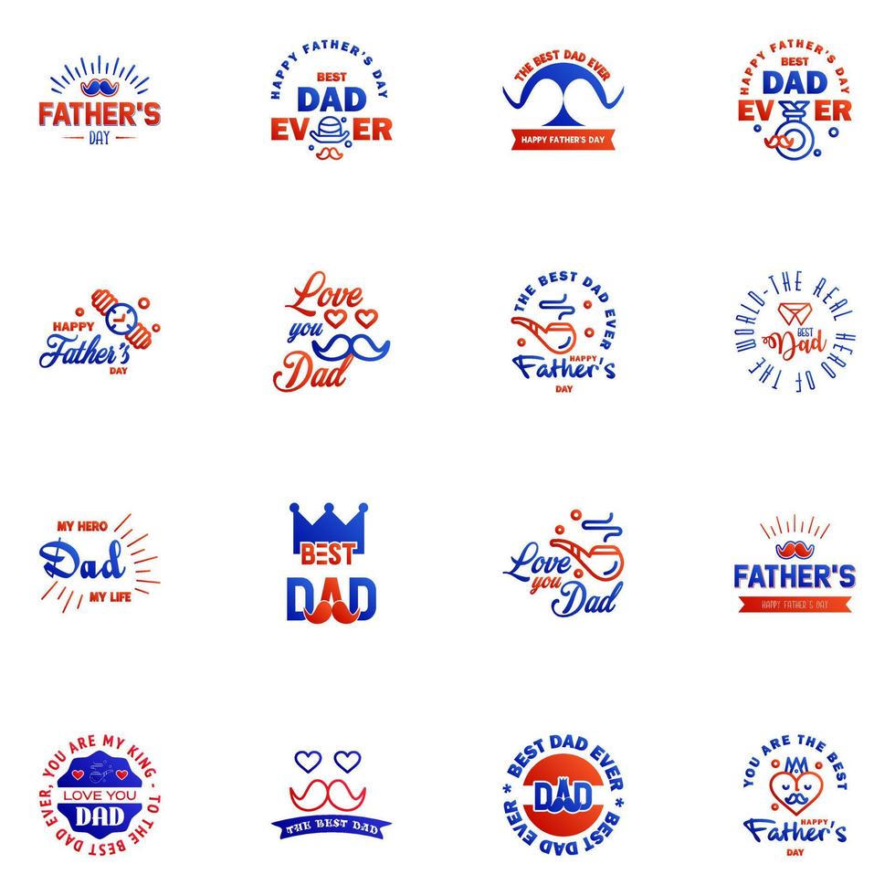 gelukkig vaders dag groet hand- belettering badges 16 blauw en rood typfout geïsoleerd Aan wit typografie ontwerp sjabloon voor poster banier geschenk kaart t overhemd afdrukken etiket sticker retro wijnoogst stijl v vector