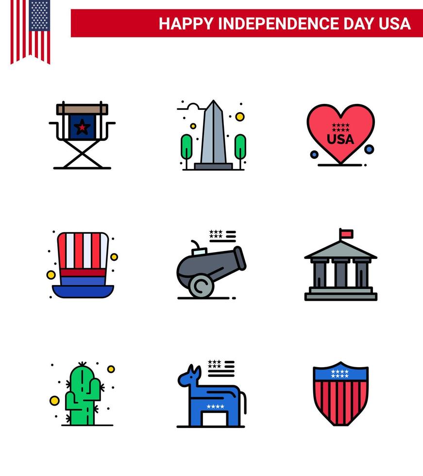 gelukkig onafhankelijkheid dag 4e juli reeks van 9 vlak gevulde lijnen Amerikaans pictogram van Verenigde Staten van Amerika hoed Verenigde Staten van Amerika dag Amerikaans bewerkbare Verenigde Staten van Amerika dag vector ontwerp elementen