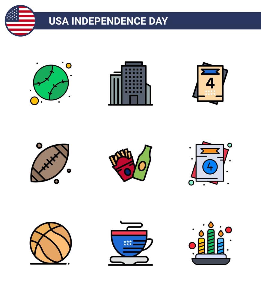 gelukkig onafhankelijkheid dag 4e juli reeks van 9 vlak gevulde lijnen Amerikaans pictogram van uitnodiging frise liefde fles sport bewerkbare Verenigde Staten van Amerika dag vector ontwerp elementen