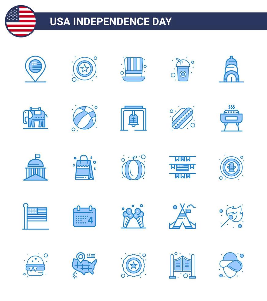 4e juli Verenigde Staten van Amerika gelukkig onafhankelijkheid dag icoon symbolen groep van 25 modern blues van gebouw Frisdrank dag drinken fles bewerkbare Verenigde Staten van Amerika dag vector ontwerp elementen