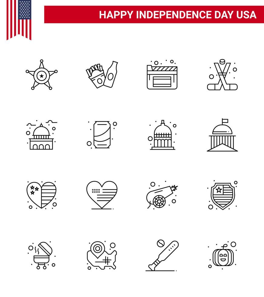 Verenigde Staten van Amerika onafhankelijkheid dag lijn reeks van 16 Verenigde Staten van Amerika pictogrammen van mijlpaal gebouw films Amerika sport- bewerkbare Verenigde Staten van Amerika dag vector ontwerp elementen
