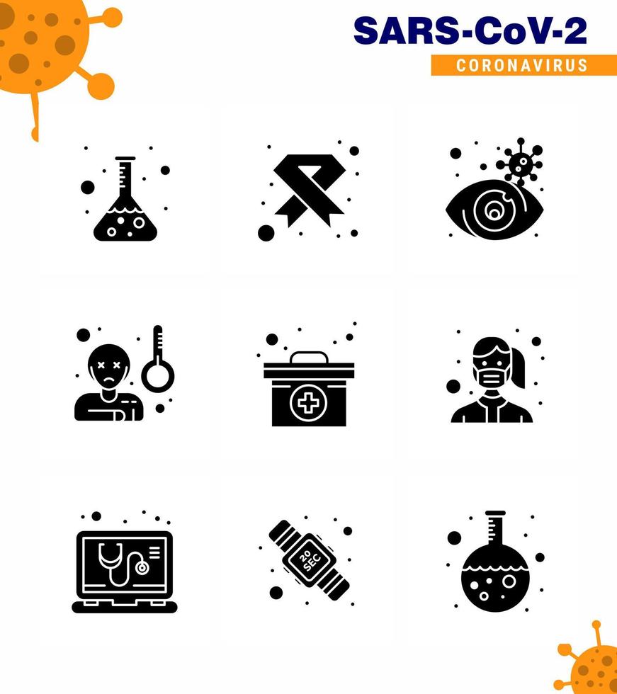 9 solide glyph zwart coronavirus epidemie icoon pak zuigen net zo temperatuur virus lint koorts visie virale coronavirus 2019november ziekte vector ontwerp elementen