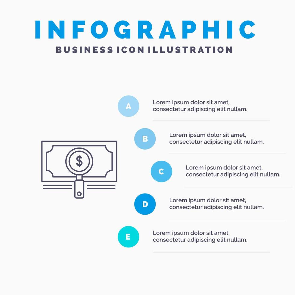 geld fonds zoeken lening dollar lijn icoon met 5 stappen presentatie infographics achtergrond vector