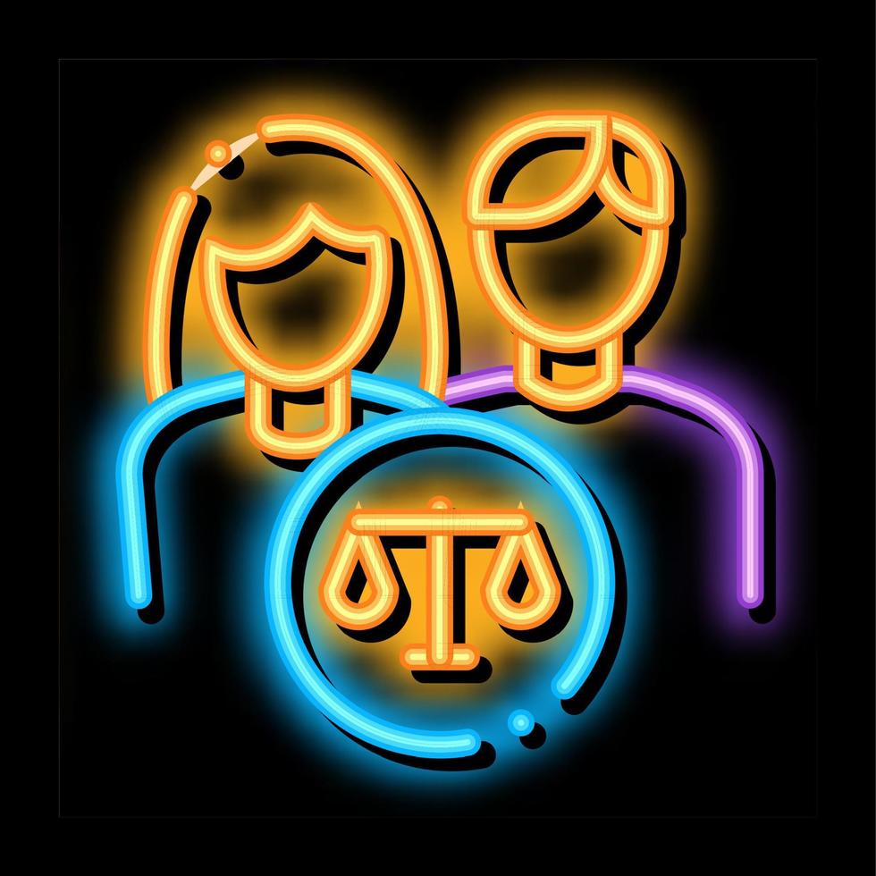 familie in rechtbank wet en oordeel neon gloed icoon illustratie vector