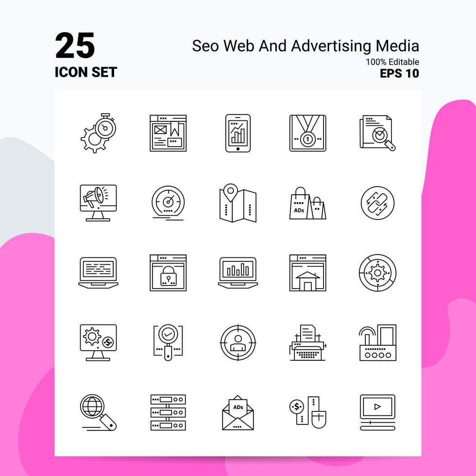 25 seo web en reclame media icoon reeks 100 bewerkbare eps 10 bestanden bedrijf logo concept ideeën lijn icoon ontwerp vector