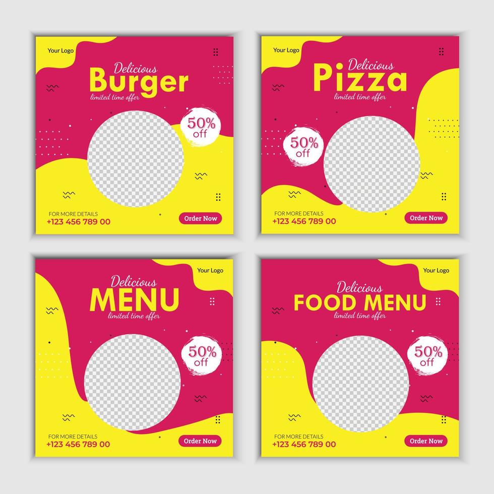 voedsel menu sociaal media post restaurant banier ontwerp. geschikt voor sociaal media post spandoek. pizza, hamburger, kip en heerlijk voedsel bedrijf online Promotie. vector