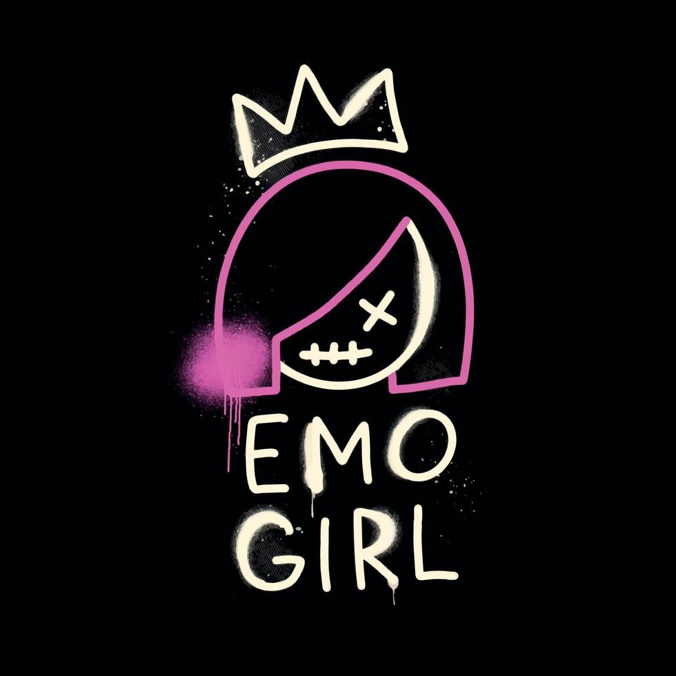 y2k graffiti emo meisje met plons effect en druppels. retro 00s esthetisch afdrukken voor t-shirt, trui, en poster. vector zwart en roze illustratie