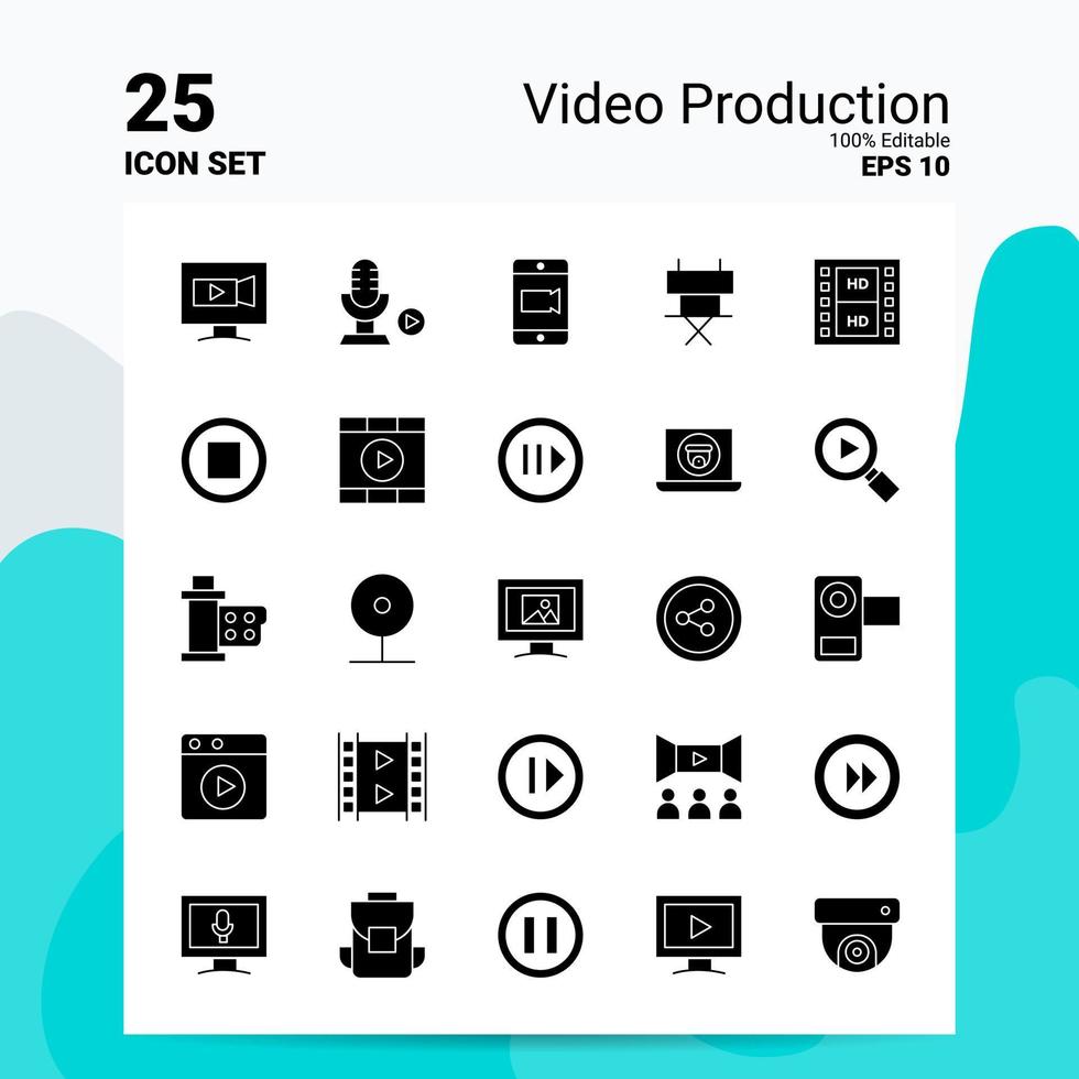 25 video productie icoon reeks 100 bewerkbare eps 10 bestanden bedrijf logo concept ideeën solide glyph icoon ontwerp vector