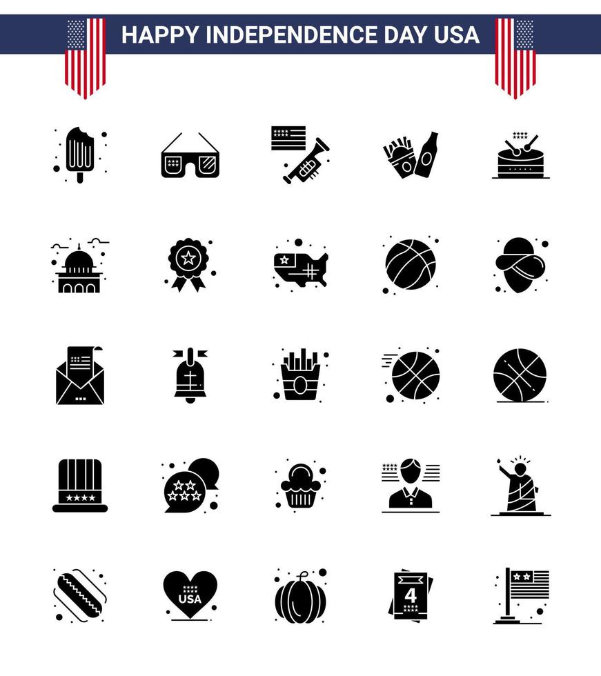 Verenigde Staten van Amerika gelukkig onafhankelijkheid dagpictogram reeks van 25 gemakkelijk solide glyph van muziek- trommel vlag Amerikaans fles bewerkbare Verenigde Staten van Amerika dag vector ontwerp elementen