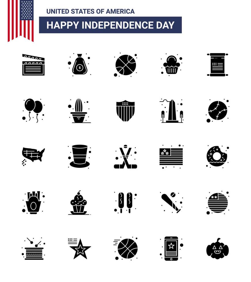 25 Verenigde Staten van Amerika solide glyph pak van onafhankelijkheid dag tekens en symbolen van tekst viering basketbal zoet taart bewerkbare Verenigde Staten van Amerika dag vector ontwerp elementen