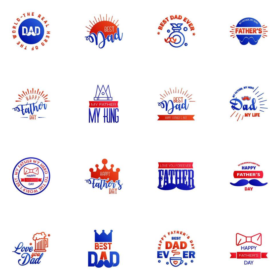 vaders dag belettering 16 blauw en rood kalligrafische emblemen badges reeks geïsoleerd Aan donker blauw gelukkig vaders dag het beste vader liefde u vader opschrift vector ontwerp elementen voor groet kaart en andere