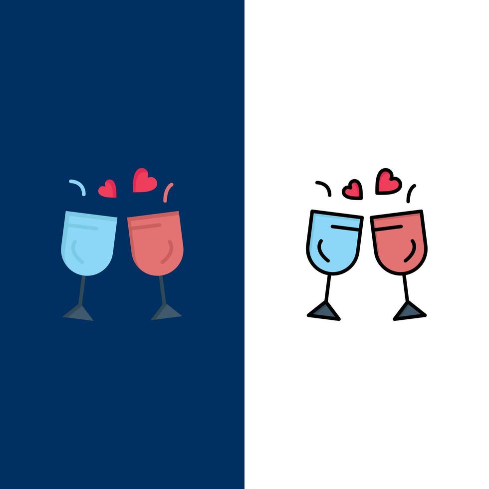 glas liefde drinken bruiloft pictogrammen vlak en lijn gevulde icoon reeks vector blauw achtergrond