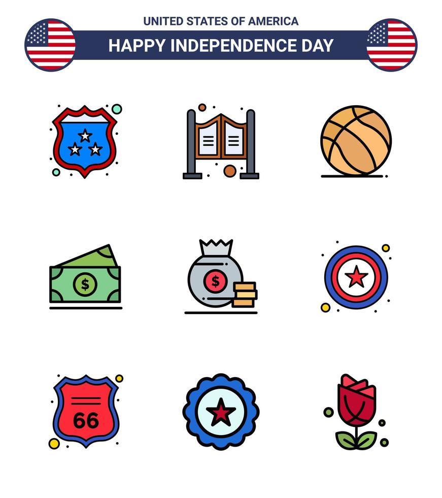 gelukkig onafhankelijkheid dag pak van 9 vlak gevulde lijnen tekens en symbolen voor zak Verenigde Staten van Amerika Amerikaans voetbal Amerikaan dollar bewerkbare Verenigde Staten van Amerika dag vector ontwerp elementen