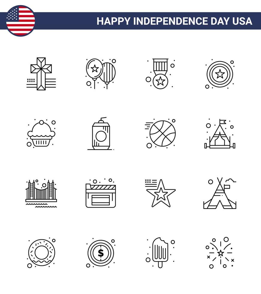 reeks van 16 modern lijnen pak Aan Verenigde Staten van Amerika onafhankelijkheid dag fles toetje insigne taart ster bewerkbare Verenigde Staten van Amerika dag vector ontwerp elementen