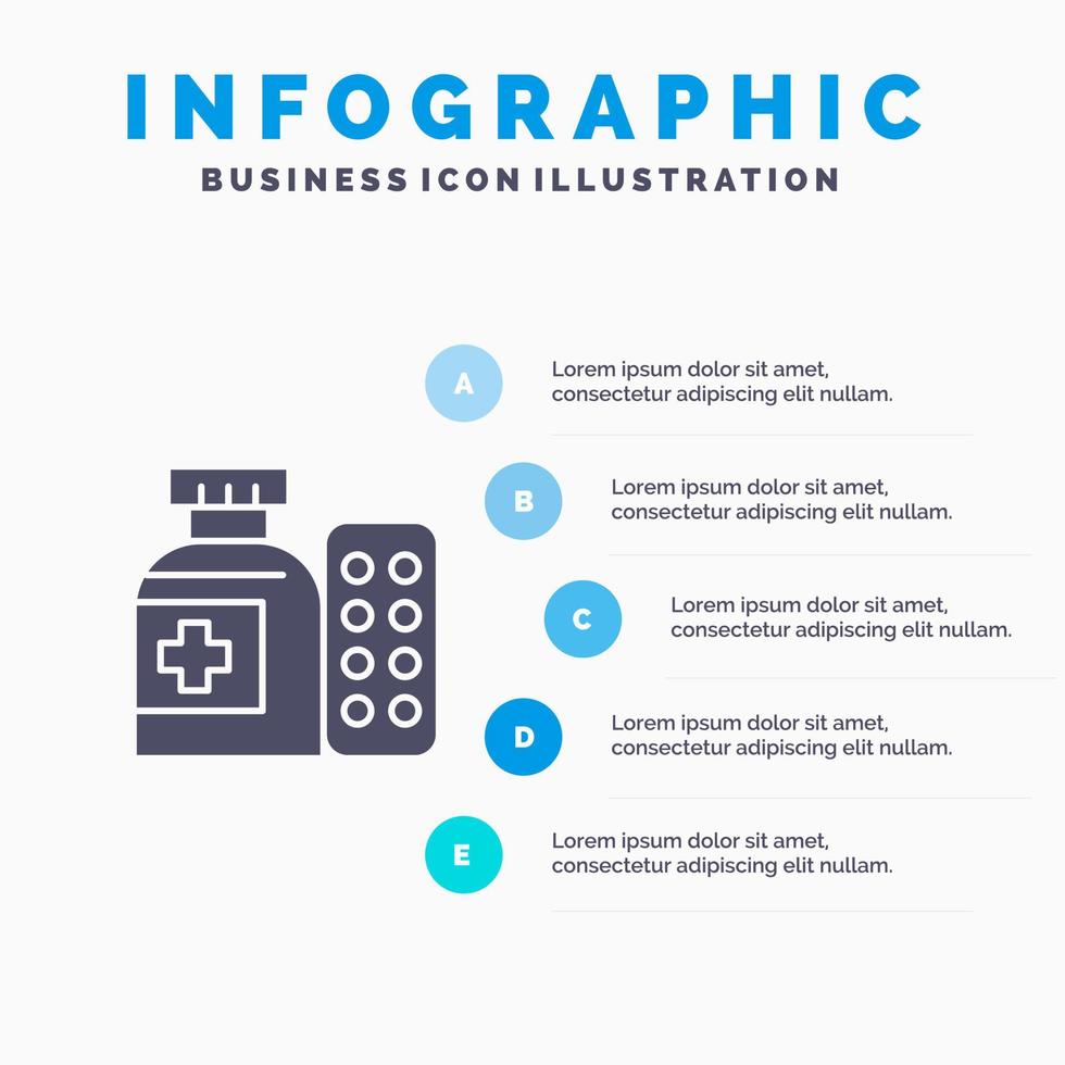 medisch geneeskunde pillen ziekenhuis solide icoon infographics 5 stappen presentatie achtergrond vector