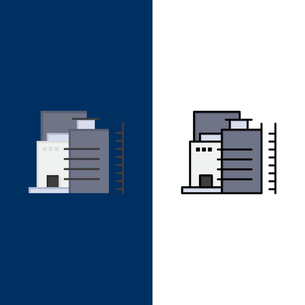 gebouw bouw fabriek industrie pictogrammen vlak en lijn gevulde icoon reeks vector blauw achtergrond