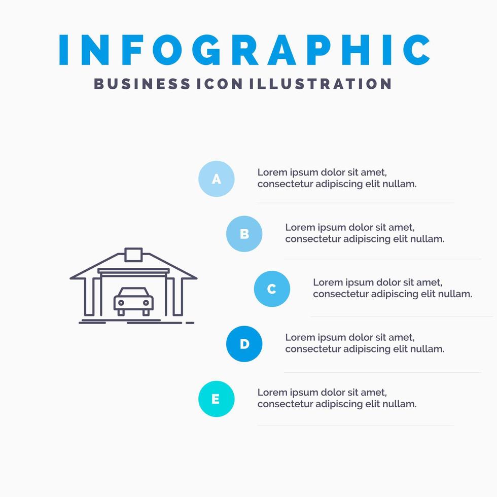 garage gebouw auto bouw lijn icoon met 5 stappen presentatie infographics achtergrond vector