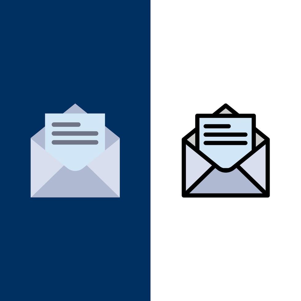 e-mail mail bericht tekst pictogrammen vlak en lijn gevulde icoon reeks vector blauw achtergrond