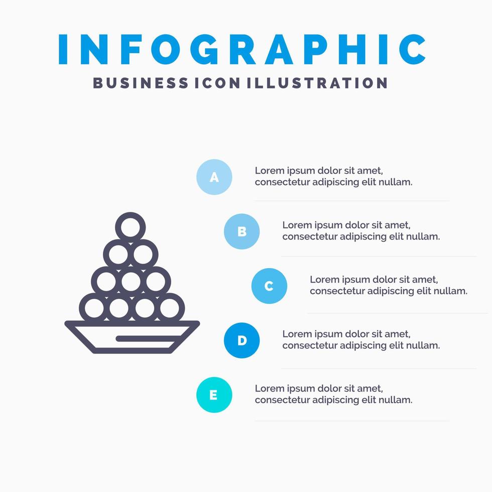 kom lekkernij toetje Indisch laddu zoet traktatie lijn icoon met 5 stappen presentatie infographics achtergrond vector