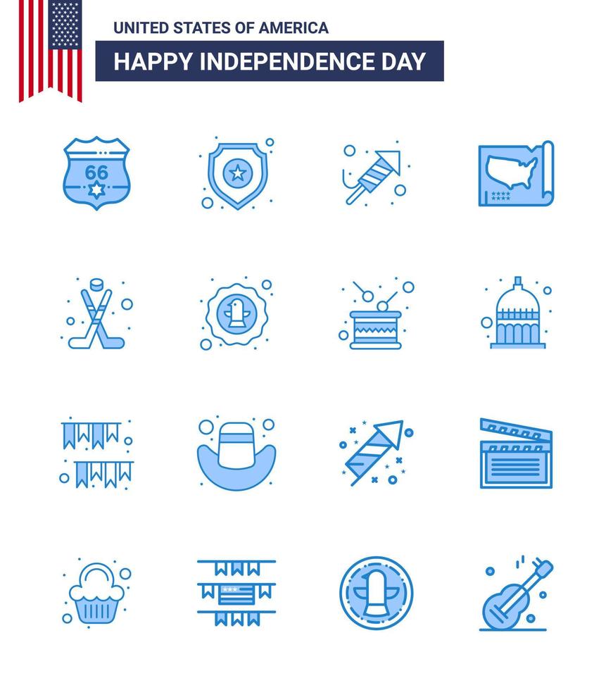 Verenigde Staten van Amerika gelukkig onafhankelijkheid dagpictogram reeks van 16 gemakkelijk blues van hokey Verenigde Staten van Amerika brand werk Verenigde kaart bewerkbare Verenigde Staten van Amerika dag vector ontwerp elementen