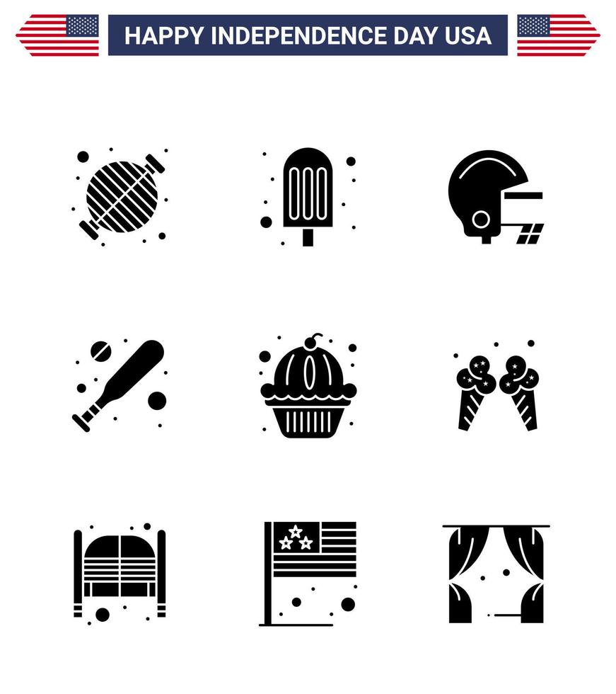 pak van 9 creatief Verenigde Staten van Amerika onafhankelijkheid dag verwant solide glyphs van taart muffin Amerikaans Amerikaans knuppel bewerkbare Verenigde Staten van Amerika dag vector ontwerp elementen