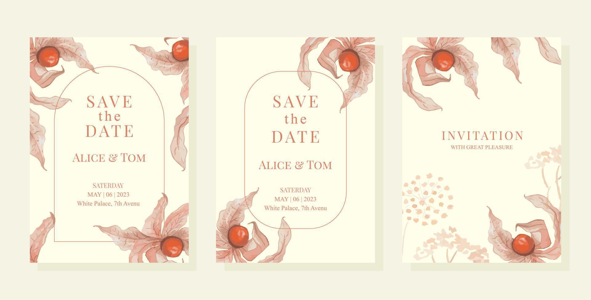 luxe bruiloft uitnodiging kaart achtergrond met waterverf physalis en bladeren. abstract kunst achtergrond vector ontwerp voor bruiloft en vip Hoes sjabloon.