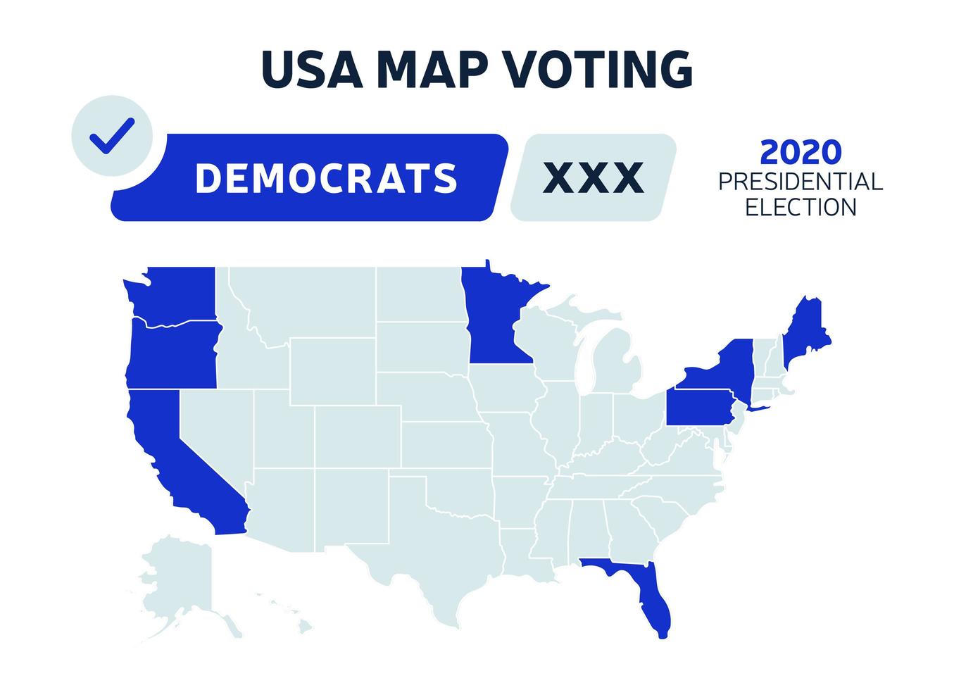 VS presidentsverkiezingen democraten resultaten kaart. USA kaart stemmen. presidentsverkiezingen kaart elke staat amerikaanse electorale stemmen met republikeinen of democraten politieke vector infographic