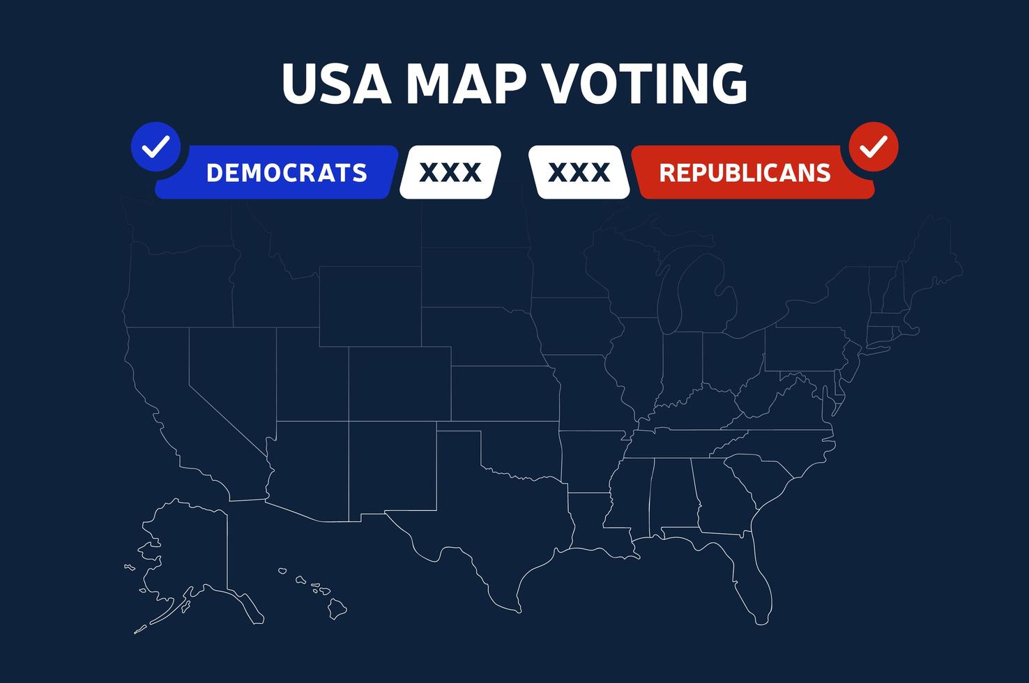 VS presidentsverkiezingen resultaten kaart. USA kaart stemmen. presidentsverkiezingen kaart elke staat amerikaanse electorale stemmen met republikeinen of democraten politieke vector infographic