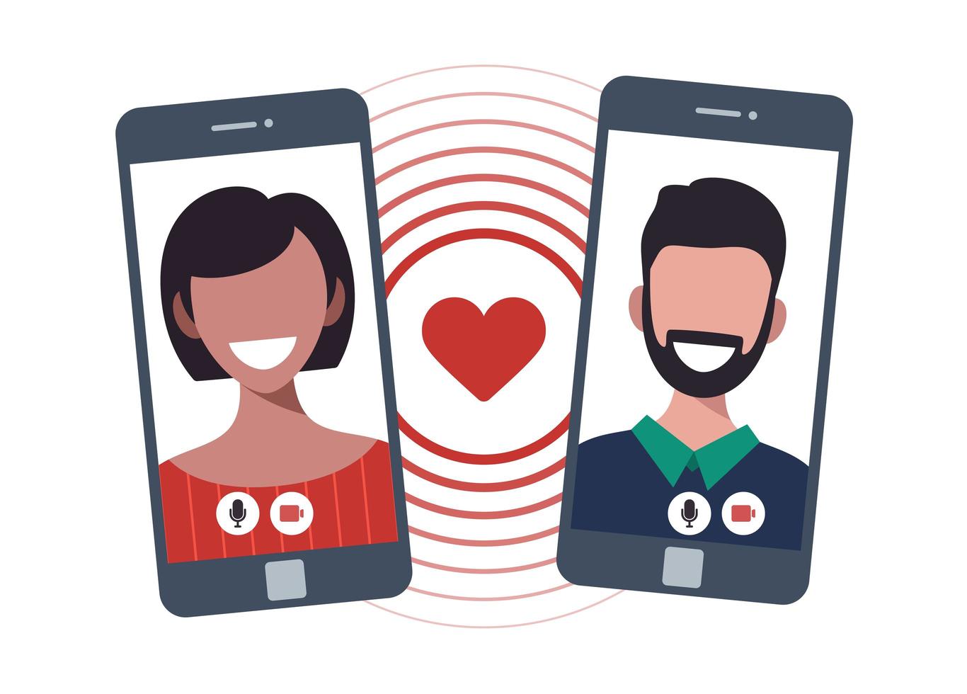 online dating app concept met man en vrouw. multiculturele relatie platte vectorillustratie met vrouw en man chatten op het telefoonscherm. vector