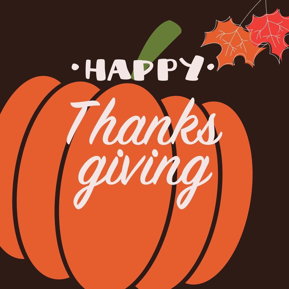 gelukkige thanksgiving daykaart met decoratieve elementen, oranje pompoen, kleurrijk ontwerp vector
