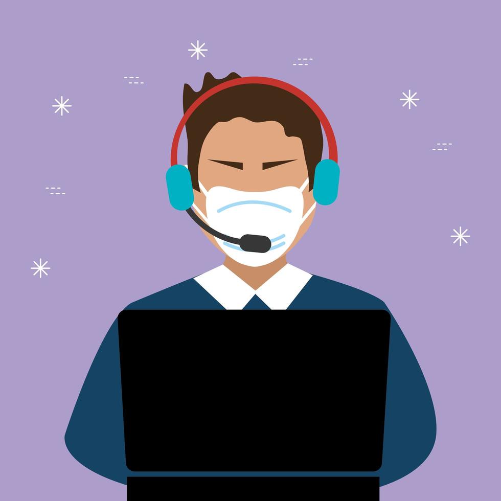 mannelijke callcenteragent met een gezichtsmasker vector