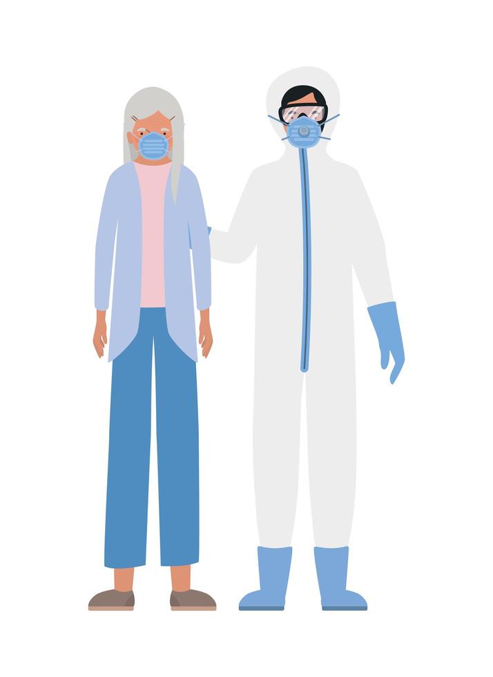 oudere vrouw met masker en arts met beschermend pak tegen covid 19-ontwerp vector