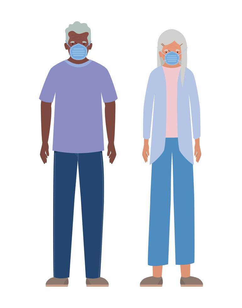 oudere vrouw en man met maskers tegen covid 19-ontwerp vector