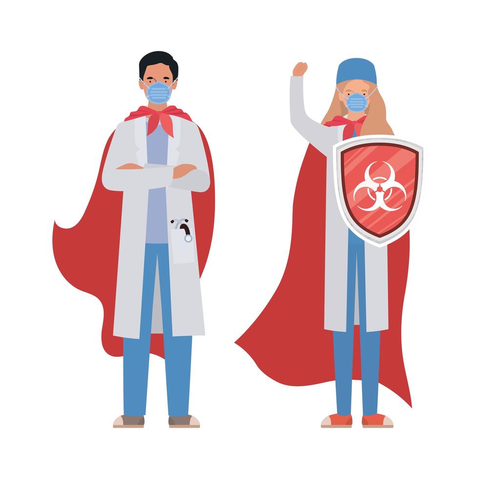 vrouw en man artsenhelden met capes en schild tegen 2019 ncov-virus vectorontwerp vector