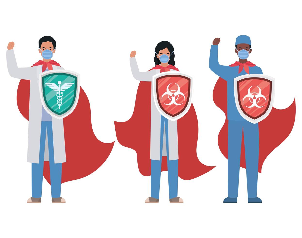 vrouw en mannen artsenhelden met capes en schilden tegen 2019 ncov-virus vectorontwerp vector