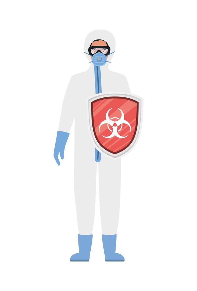 arts met beschermend pak en schild tegen 2019 ncov-virus vectorontwerp vector