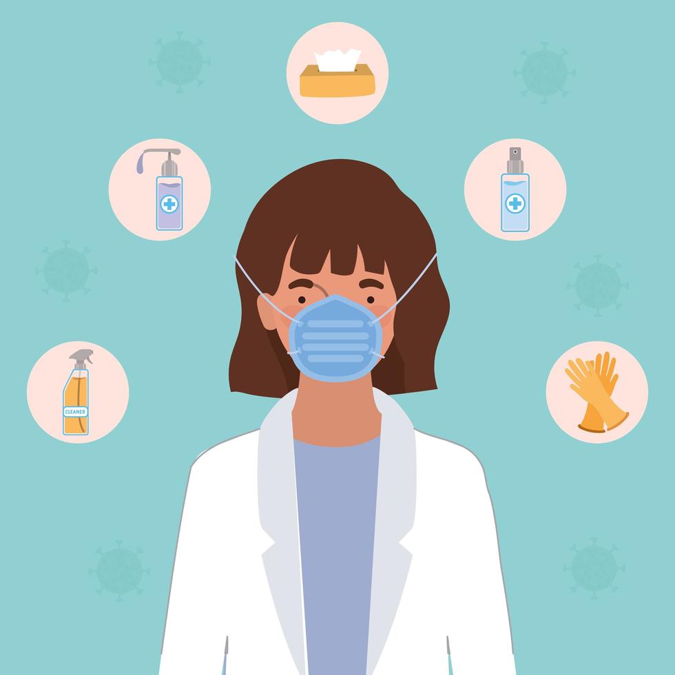 vrouwelijke arts met masker en hygiëneproducten tegen 2019 ncov-virus vectorontwerp vector