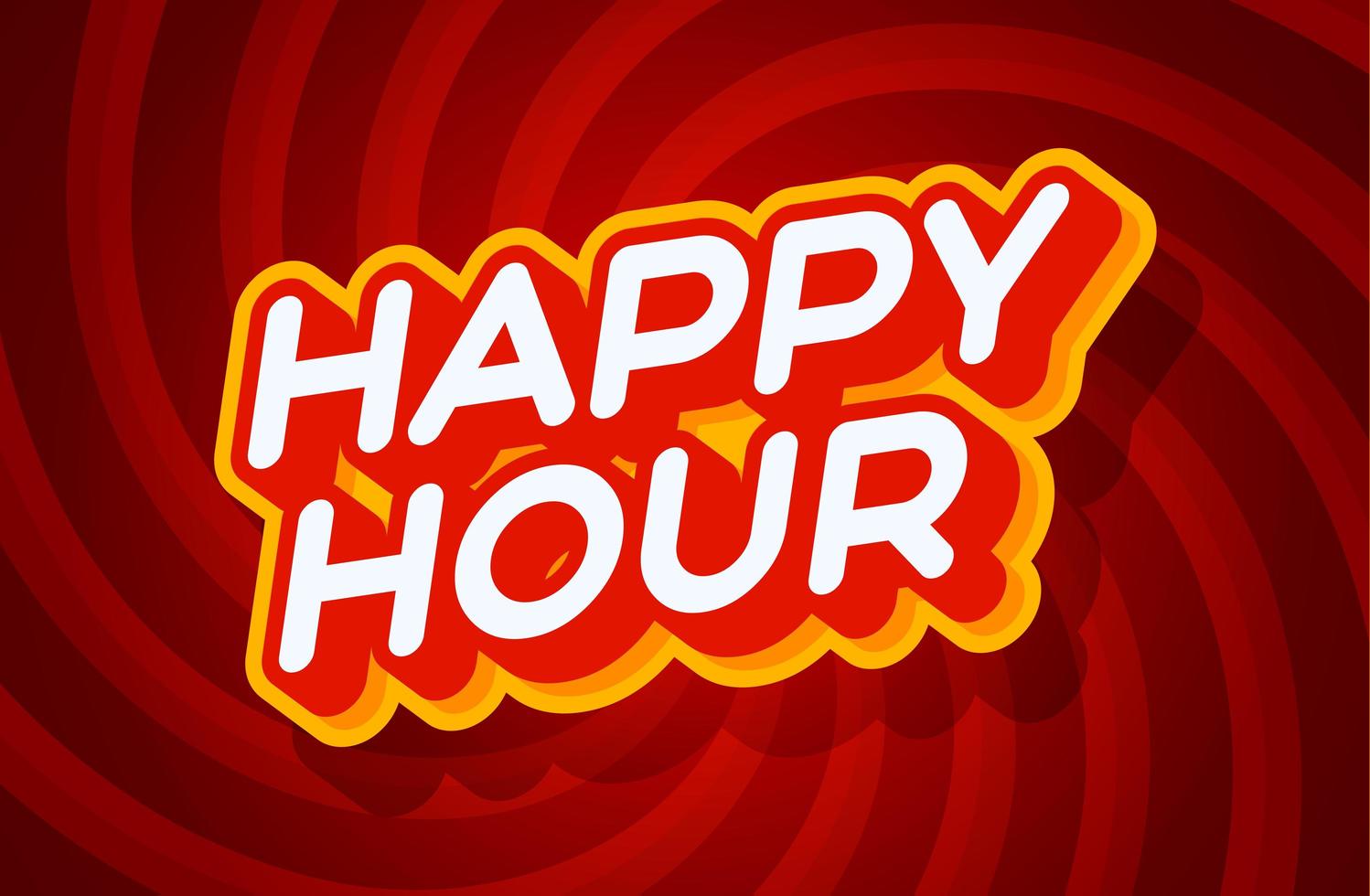 happy hour rode en gele teksteffect sjabloon met 3D-typestijl en retro concept swirl rode achtergrond vectorillustratie. vector